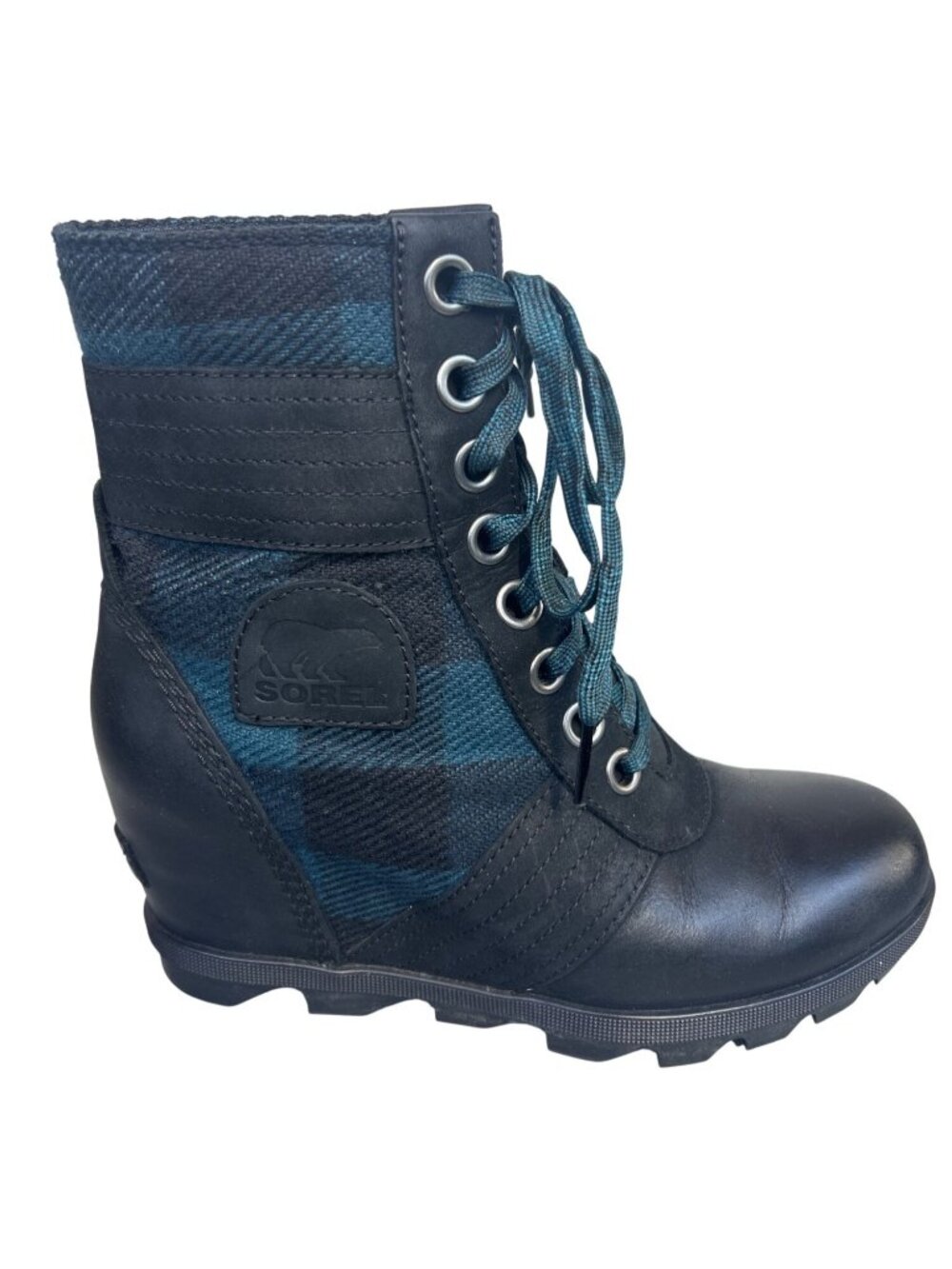 Sorel Lexie Wedge Boots Women's Sz 7 Green Plaid Lace Up Winter Boot Waterproof